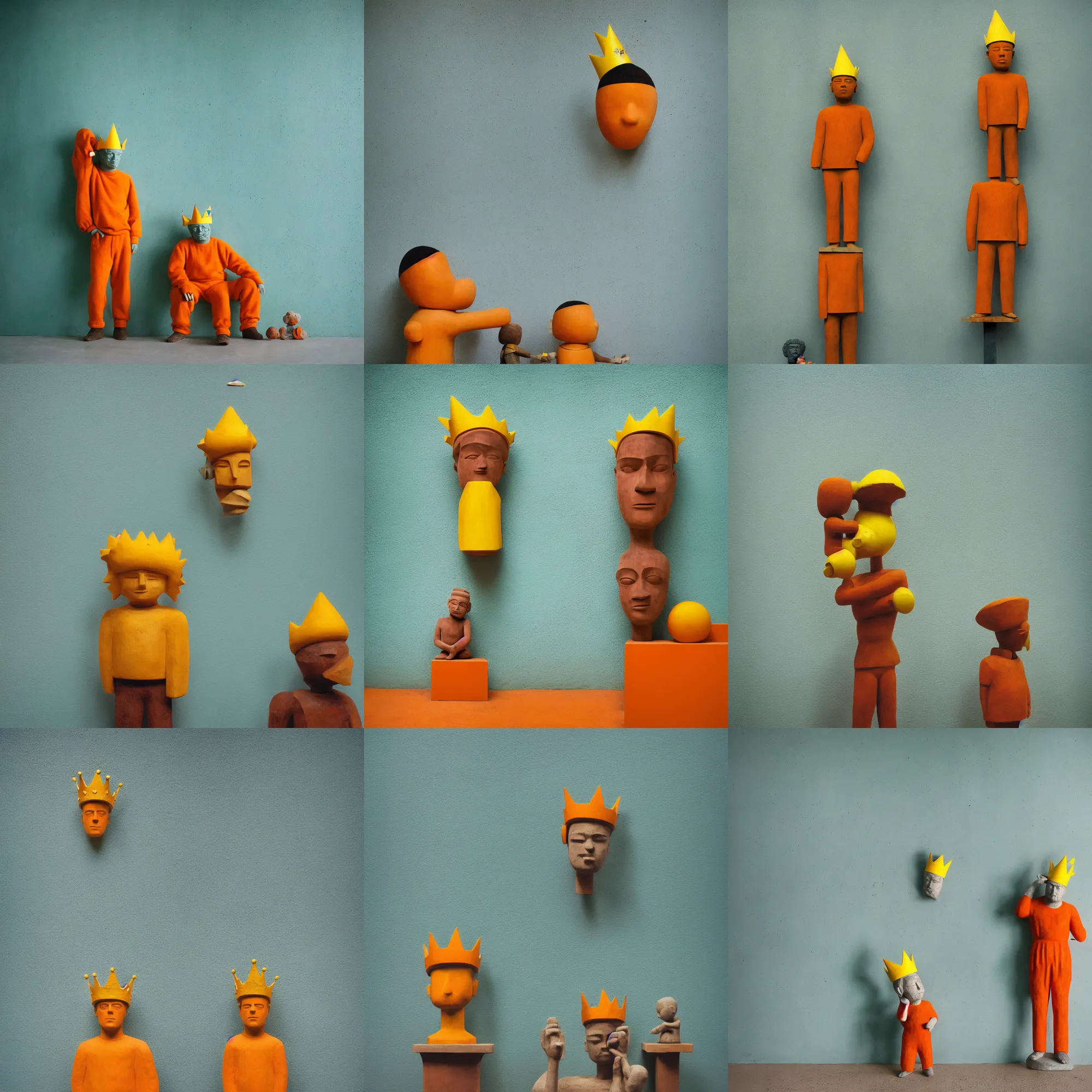 Image similar to kodak portra 4 0 0, 8 k, shot of a highly detailed, britt marling style, colour still - life portrait of a large minimalistic room, rough concrete walls, the rough carved wooden statue of a teal and orange striped little man with a yellow crown on his head, muted colours