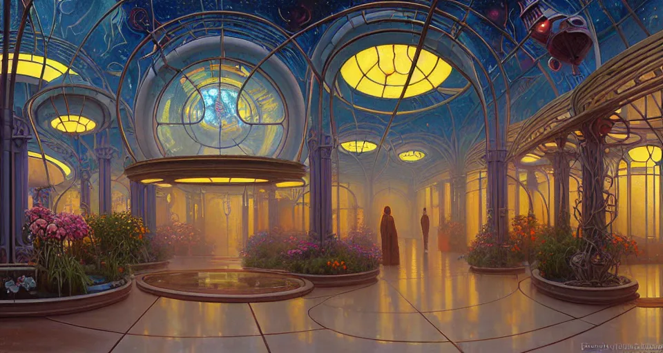 Prompt: a minimalist oil painting by donato giancola, warm coloured, scifi bioluminescent luxurious foggy steam filled art nouveau garden circular shopping mall interior with microscopy minimalist stained glass flowers growing out of pretty bulbous ceramic fountains, gigantic pillars and flowers, maschinen krieger, beeple, star trek, star wars, ilm, syd mead