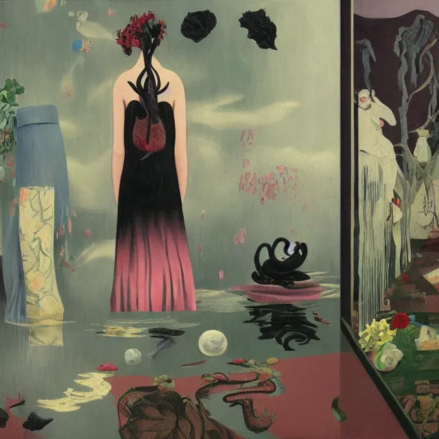 Image similar to tall emo artist in her flooded apartment, painting of flood waters inside an artist's home, a river flooding indoors, pomegranates, pigs, ikebana, zen, water, octopus, river, rapids, waterfall, black swans, canoe, berries, acrylic on canvas, surrealist, by magritte and monet