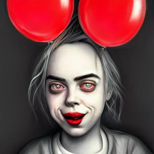 Prompt: surrealism grunge cartoon portrait sketch of billie eilish with a wide smile and a red balloon by - michael karcz, loony toons theme, pennywise theme, horror theme, detailed, elegant, intricate