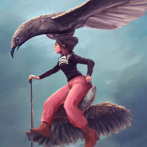 Image similar to a girl riding a giant bird, trending on artstation