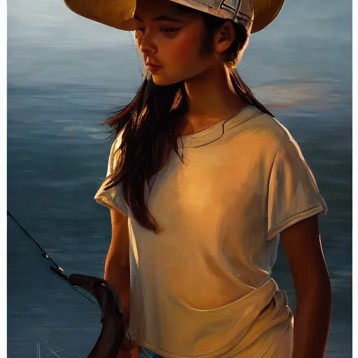 Prompt: oil painting by ilya kuvshinov,, baugh casey, artgerm craig mullins, coby whitmore, of a youthful indian girl, long hair, fishing and wearing fisherman's outfit, fisherman's hat, highly detailed, breathtaking face, studio photography, noon, intense bounced light, water reflection, large tree casting shadow, serine intense sunlight