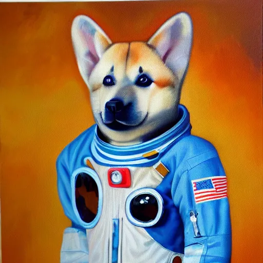 Image similar to oil painting of a shina inu in an astronaut suit