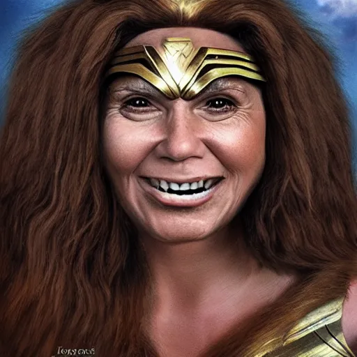 Image similar to hyper realistic portrait of chewbacca caricature as wonder woman