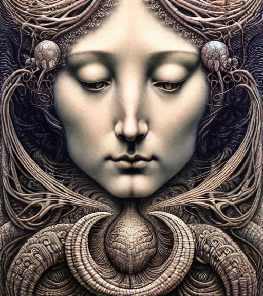 Image similar to detailed realistic beautiful moon goddess face portrait by jean delville, gustave dore, iris van herpen and marco mazzoni, art forms of nature by ernst haeckel, art nouveau, symbolist, visionary, gothic, neo - gothic, pre - raphaelite, fractal lace, intricate alien botanicals, ai biodiversity, surreality, hyperdetailed ultrasharp octane render