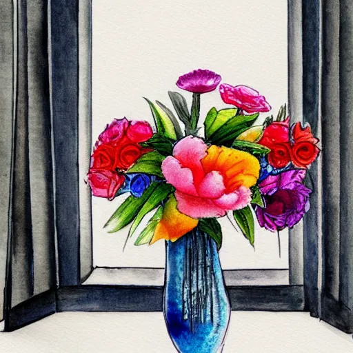 Image similar to a fancy vase with a colorful and beautiful flower arrangement by the fancy window. very stylize and delicate watercolor and pencil drawing. 3 d. beautiful lighting, 4 k post - processing, trending in art station, cg society, view from far. 5 k extremely detailed