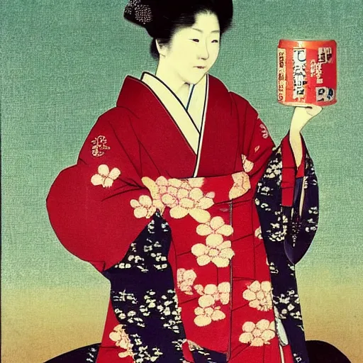 Prompt: a Portrait up to the chest, a Japanese woman, smooth, wearing a kimono made of cherry blossoms,holding a cola can,smiled sardonically, created by Raffaello Sanzi.