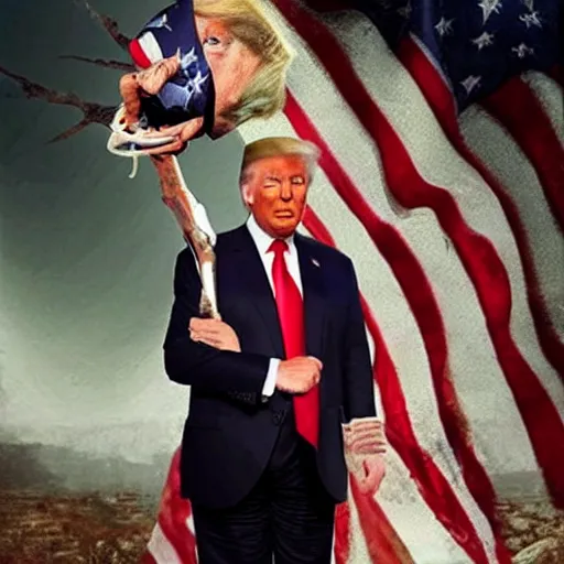 Prompt: Donald Trump as Rambo, holding the head of Biden in left hand and the American flag in right hand, post apocalyptic, wartorn, matte painting, masterpiece