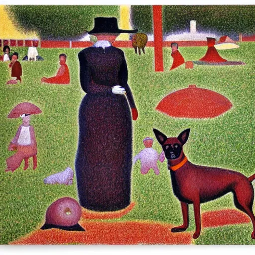 Image similar to a woman and her black and brown chihuahua in a park by georges seurat