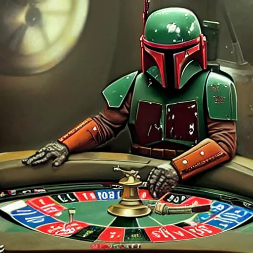 Prompt: Boba fett playing roulette