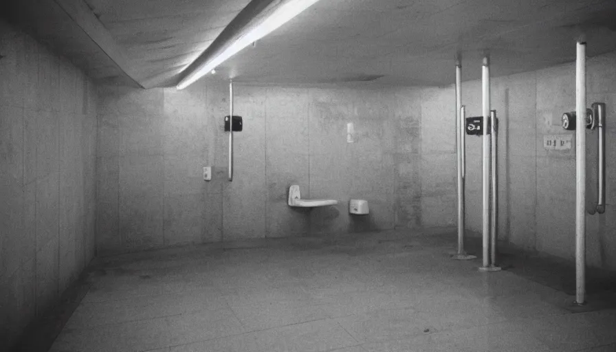 Image similar to 60s movie still of empty public showers in a Infinite tunnel, cinestill 800t 50mm eastmancolor, liminal Space style, heavy grain-s 150