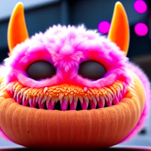 Image similar to an alien with a face that looks like a fuzzy peach the peach is fuzzy pink warm and ripe the alien has horns and a mean smile the alien has chicken feet cruel smile, 4k, highly detailed, high quality, amazing, high particle effects, glowing, majestic, soft lighting, detailed background