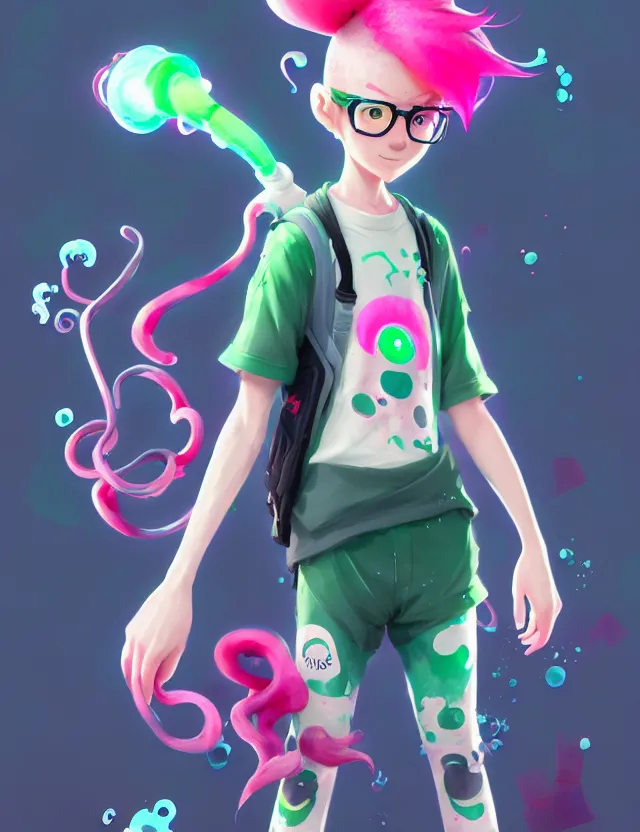 Image similar to a beautiful fullbody portrait of a cute splatoon anime boy with pink hair and green eyes wearing sports clothing leggings. character design by cory loftis, fenghua zhong, ryohei hase, ismail inceoglu and ruan jia. artstation, volumetric light, detailed, photorealistic, fantasy, rendered in octane