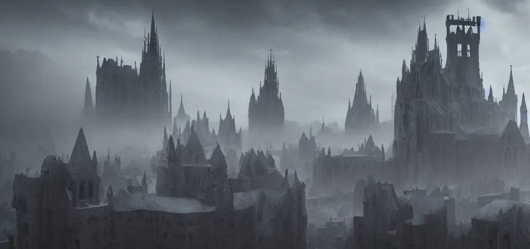 Image similar to view of an abandoned gothic city at day, castles, fog, cinematic lighting, ultra detailed, sharp, ambient occlusion, raytracing, by greg rutowski, paul chadeisson and jessica rossier