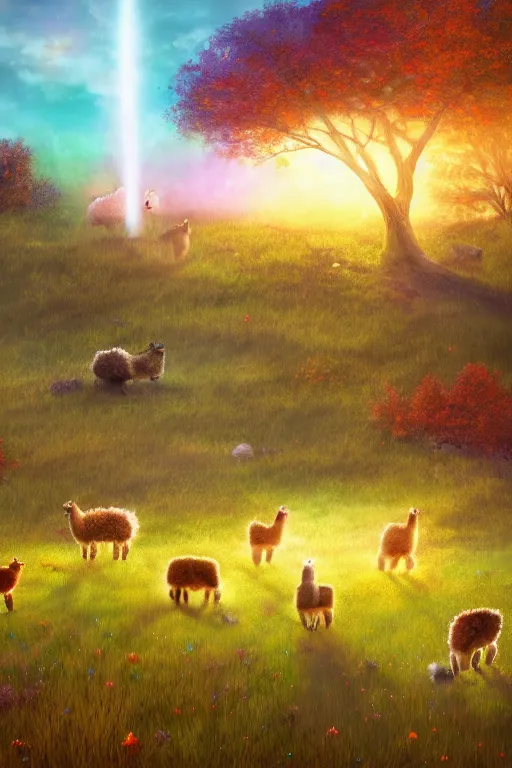 Image similar to magical fairy alpacas frolicking in a field, autumn, illustration, light beams, digital art, oil painting, fantasy, 8 k, trending on artstation, detailed