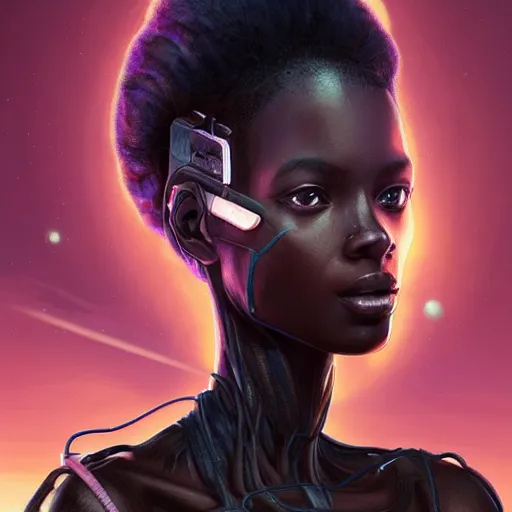 Image similar to african biopunk hacker, science fiction, highly detailed, digital painting, beautiful eyes, symmetry, concept art, sharp focus, illustration, global illumination, radiant light, synthwave colors, detailed and intricate environment, art by artgerm and greg rutkowski and magali villeneuve and ilya kuvshinov!