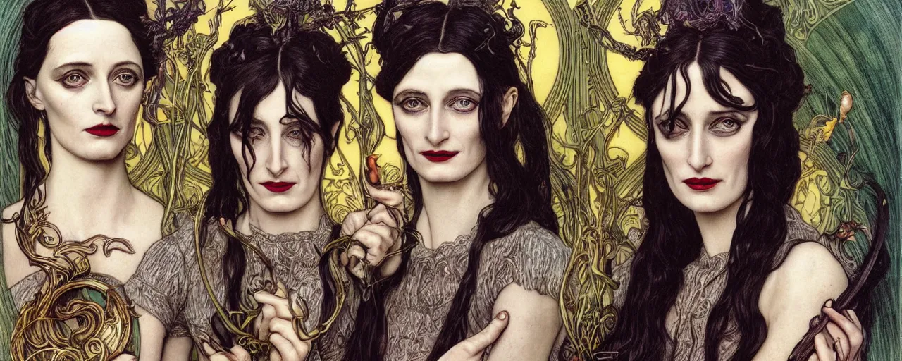 Image similar to stunning hyperdetailed art nouveau portrait of eva green wednesday addams and anjelica huston as the mythological 3 witches, by achilleos, kaluta and mucha, photorealism, extremely beautiful, perfect symmetrical facial features, perfect anatomy, strong confident eyes, witchcraft, glow of magic powers, eldritch crackle, lightning, fire, sparkling energy bolts