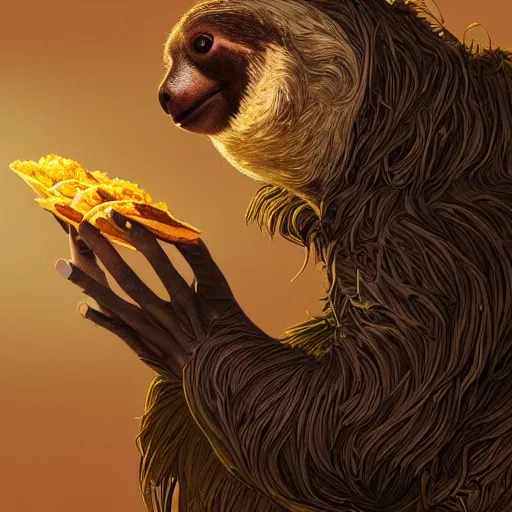 Image similar to detailed science - fiction character portrait of a sloth eating tacos, intricate, wild, highly detailed, digital painting, artstation, concept art, smooth, sharp focus, illustration, art by artgerm and greg rutkowski and alphonse mucha