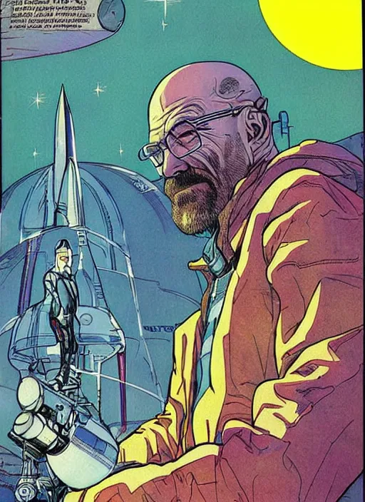 Image similar to Walter White as space wizard in retro science fiction cover by Moebius, vintage 1970 print