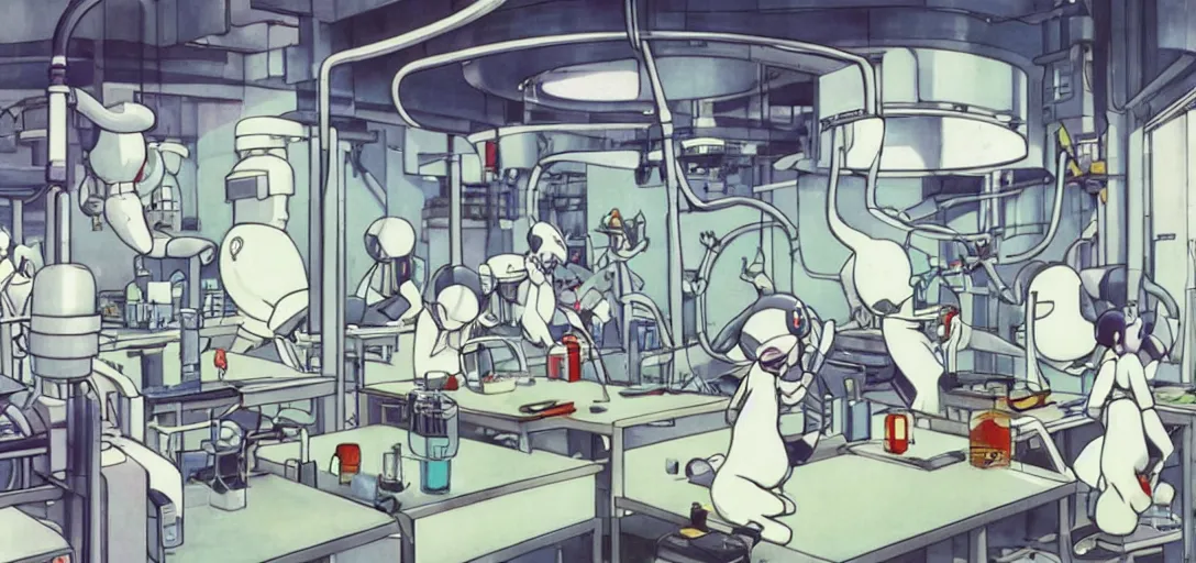Prompt: A laboratory with a huge machine that clones Pokémon, Mewtwo growing in a tube in the center of the room, scientists are taking notes nearby, art by Hayao Miyazaki, art by Studio Ghibli, anime style