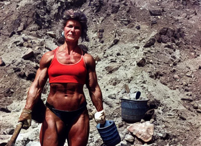 Prompt: 90's professional color photograph, A muscular woman who labors in the mines.