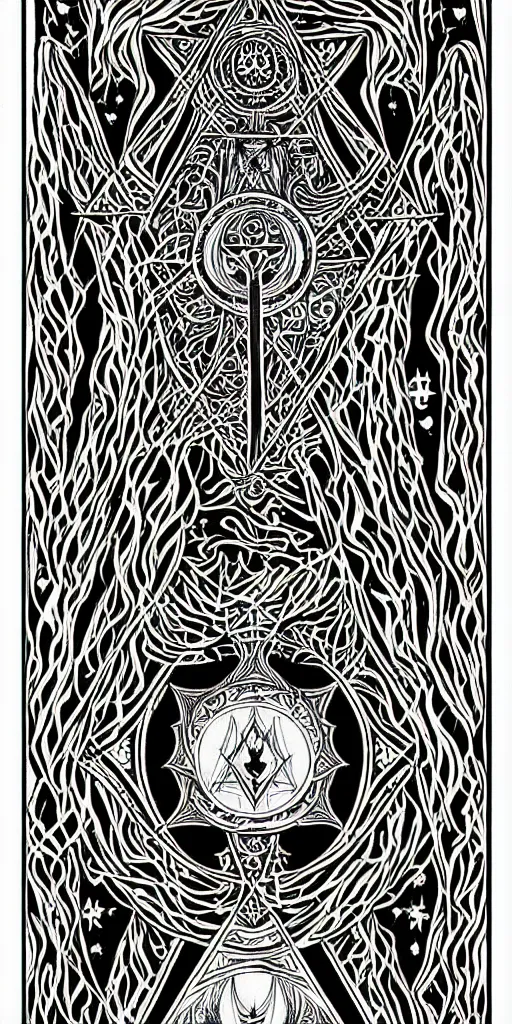 Image similar to a beautiful black and white fractal tarot card featuring bold occult imagery with clean lines. 👹. detailed adult coloring book