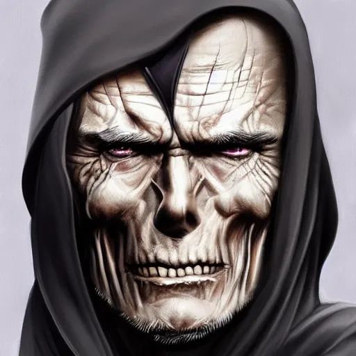 Image similar to clint eastwood as grim reaper, fantasy, intricate, elegant, highly detailed, digital painting, artstation, concept art, smooth, sharp focus, illustration, art by giger