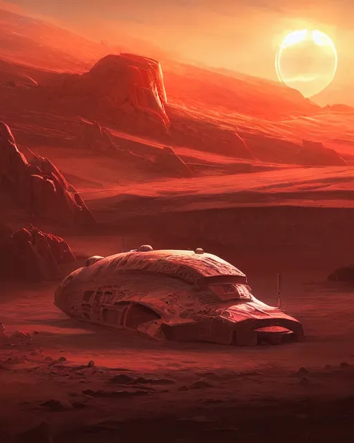 Prompt: ancient space ship, ice fish shape, desert planet, cinematic, highly detailed, scifi, intricate digital painting, sunset, red glow, illustration, artstation, by johnson ting, jama jurabaev