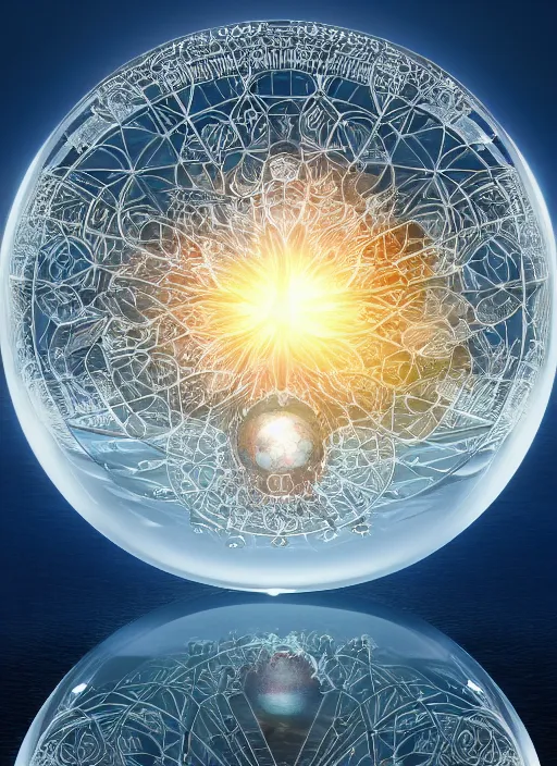 Image similar to transparent horizontally centered crystal sphere floating over a serene lake, tree of life inside the ball, intricate details, radiant light, reflections on the water, ripples, moody sky, hyperdetailed illustration by yuumei, by mark brooks, john harris, artstation, low global light, coherent composition