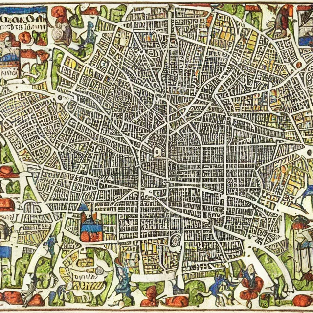 Prompt: medieval manuscript isometric map of london, detailed, illuminated illustration woodcut