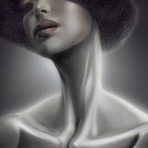 Prompt: A young beautiful female angelic-extraterrestrial-cyborg face with a very long neck, big clear eyes, thin nose, big lips, hair floating in the wind, Realistic, Refined, Digital Art, Pre-Raphaelite, Highly Detailed, Cinematic Lighting, rim light, black and white, high contrast, hyper real, photo-realistic Unreal Engine, 8K