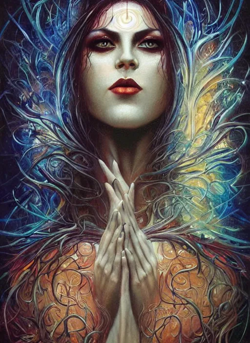 Image similar to magic enlightened cult psychic enchanted woman, painted face, third eye, energetic consciousness psychedelic, epic surrealism expressionism symbolism, perfect, by karol bak, louise dalh - wolfe, masterpiece