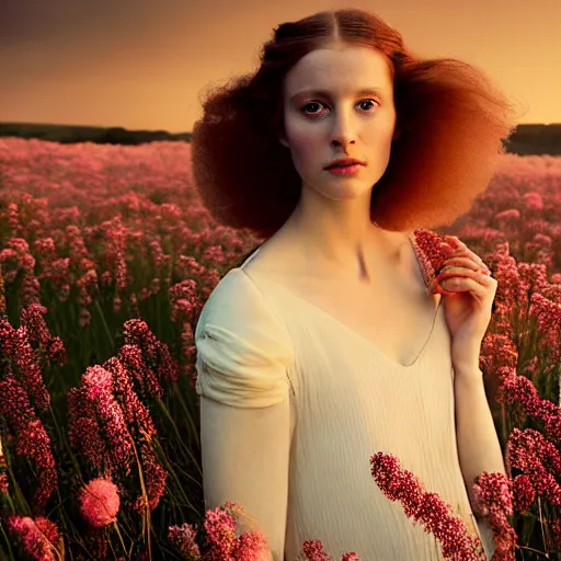 Prompt: photographic portrait of a stunningly beautiful english renaissance female in a sea of flowers in soft dreamy light at sunset, soft focus, contemporary fashion shoot, hasselblad nikon, in a denis villeneuve movie, by edward robert hughes, annie leibovitz and steve mccurry, david lazar, jimmy nelsson, hyperrealistic, perfect face