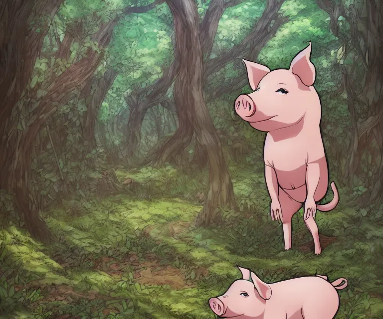 Image similar to pig in a forest, anime fantasy illustration by tomoyuki yamasaki, kyoto studio, madhouse, ufotable, comixwave films, trending on artstation