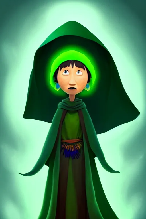 Prompt: A full body portrait of a cute shaman with no face, glowing eyes and a very long hooded dark green cloak of leaves in the style of Pixar, stylized