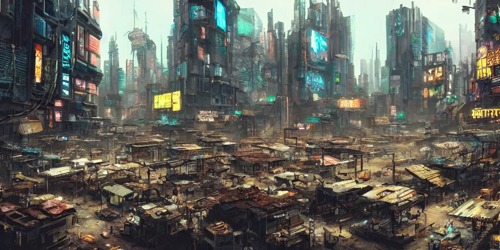 Prompt: a gritty cyberpunk marketplace in the middle of a dystopian wasteland during a plague of locusts