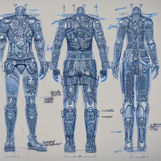 Image similar to blue board blueprint with lots of annotations of legs of an ornate armour covered in runic tattoos, Travis Charest style