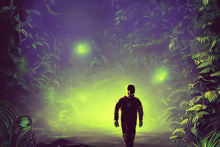 Image similar to high contrast digital art of a surreal dark jungle, astronaut walking, mysterious crazy world, talking creatures, night, fireflies