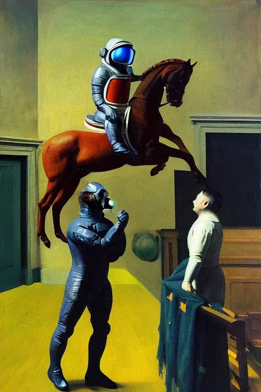 Prompt: an astronaut lifts a horse with his mind and makes it levitate, hauntingly surreal, highly detailed painting by francis bacon, edward hopper, adrian ghenie, gerhard richter, and james jean soft light 4 k,