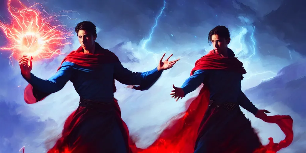 Image similar to epic scene of a handsome brown haired male sorcerer he is casting a blue and red spell that is emanating from his hands, heroic pose, medium shot, waist up, epic composition, dynamic lighting, post processing, concept art, cinematic, trending on artstation, by greg rutkowski
