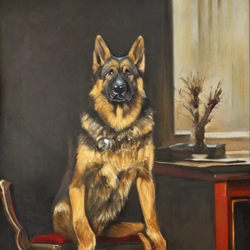 Image similar to a oil painting of a anthropomorphic german shepherd beast - man, wearing military outfit, sitting on an armchair