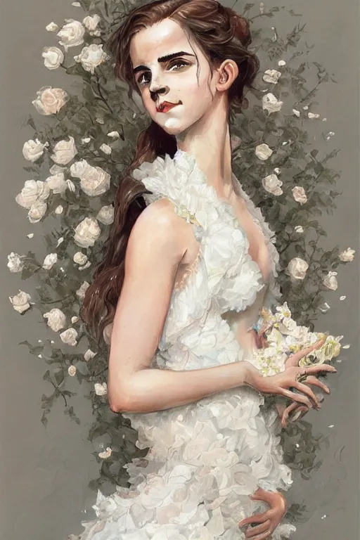 Image similar to Emma Watson in a decorated dress made of white and cream colored roses, holding a realistic and detailed white swan in her arms, highly detailed, digital painting, Trending on artstation , HD quality, by artgerm and greg rutkowski and alphonse mucha, dramatic light, octane