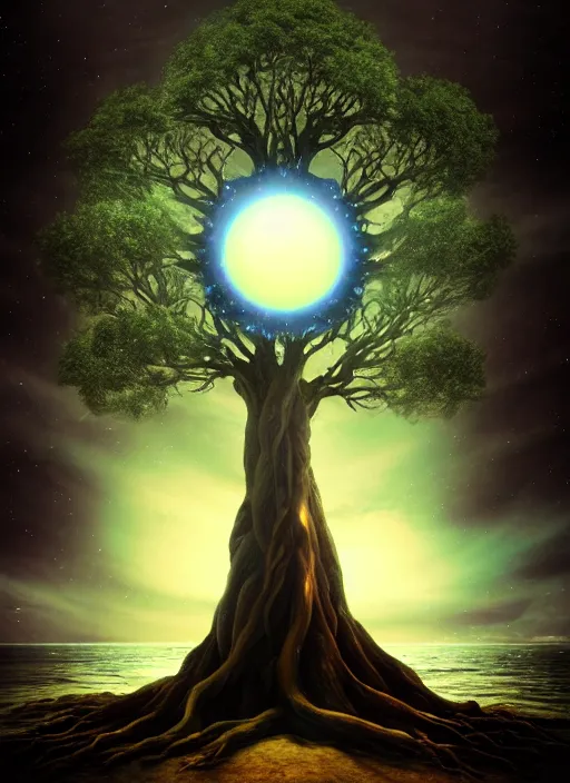 Image similar to a god tree from which planets or galaxies hang instead of futas, the tree is on top of a calm sea, in the background there is an eye whose iris coincides with the tree. fantasy art, horror, nightmare, photo realistic, dynamic lighting, artstation, poster, volumetric lighting, very detailed faces, 4 k, award winning