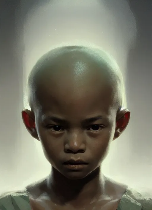 Prompt: a portrait of a sage child with an enormously large head, an ancient pale sage child with macrocephaly, highly detailed, digital painting, artstation, concept art, intricate, elegant, smooth, sharp focus, art by wlop, mars ravelo and greg rutkowski and craig mullins