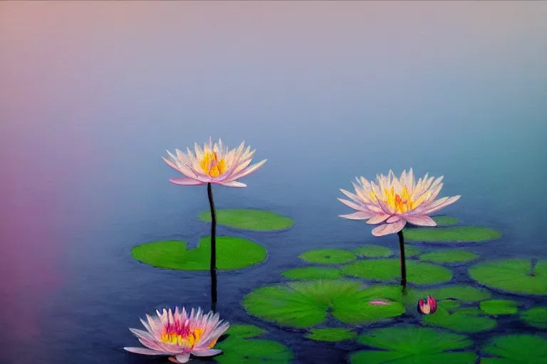Prompt: impressionism painting of a pond of water lily on a foggy morning, sun low on horizon through skyscraper, soft light, misty