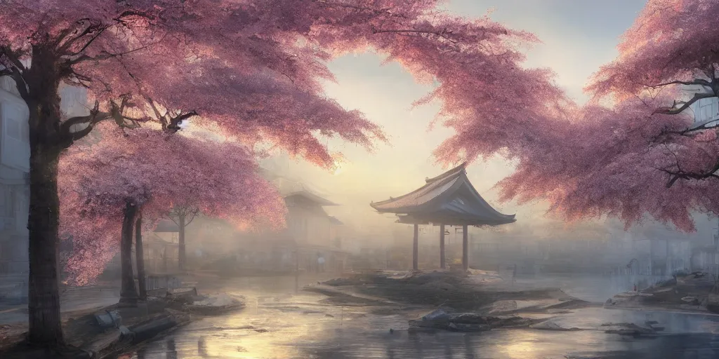 Prompt: a highly detailed digital painting of a japanese town, volumetric lighting, atmospheric fog, epic composition, cherry blossom leaves falling, artstation, 8 k
