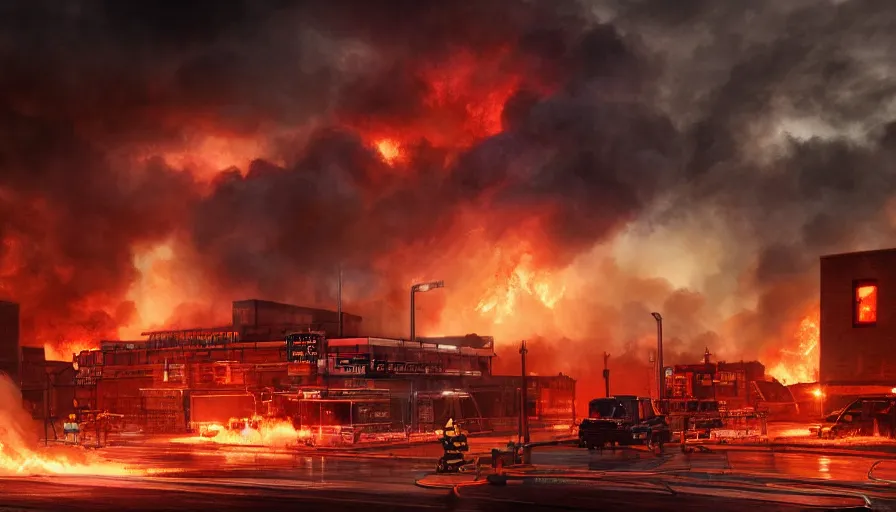 Image similar to A detailed render of a scene of Fire and explosions at the 3rd precinct in Minneapolis on fire, sci-fi concept art, lots of fire, dark, clouds, 8k, high detail, advanced rendering whimsically designed art, 4k post-processing highly detailed, Soft illumination