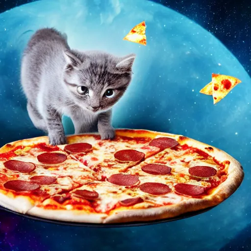 Image similar to A grey kitten standing on a pizza in outer space. The kitten is eating a piece of pizza. Pizza slices flying with angel wings in background, dark cyan galaxy and stars in background, 4K photoshopped image, look at that detail