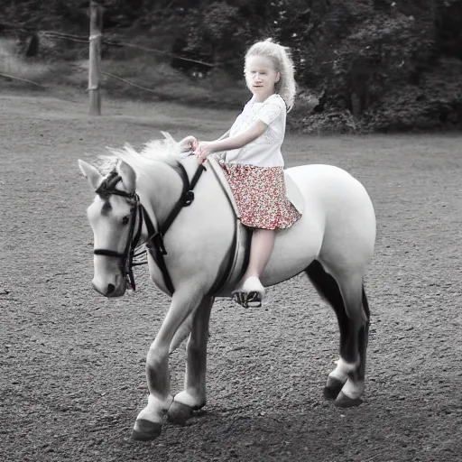 Prompt: 7 year old girl on the horse, blonde hair, polish