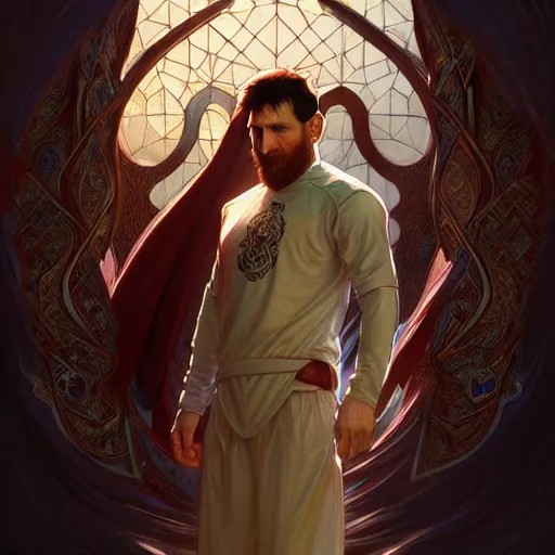 Image similar to lionel messi as a muslim, d & d, fantasy, intricate, elegant, highly detailed, digital painting, artstation, concept art, matte, sharp focus, illustration, art by artgerm and greg rutkowski and alphonse mucha